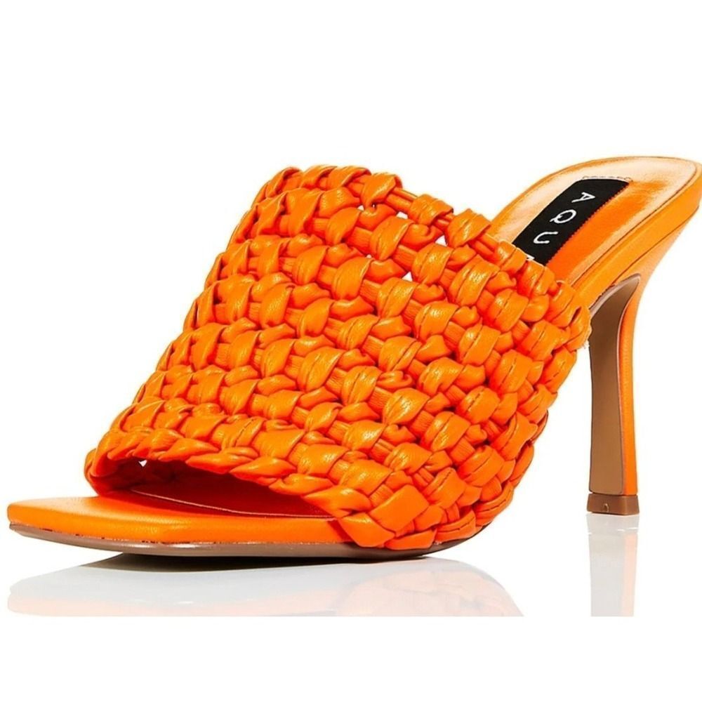 AQUA Orange Woven Heeled Mules‎ Size 6M Square Toe Slip On Heels Sandals